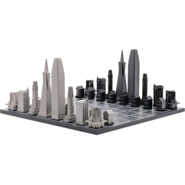 San Francisco Edition Stainless Steel Chess Set with Wood Map Board