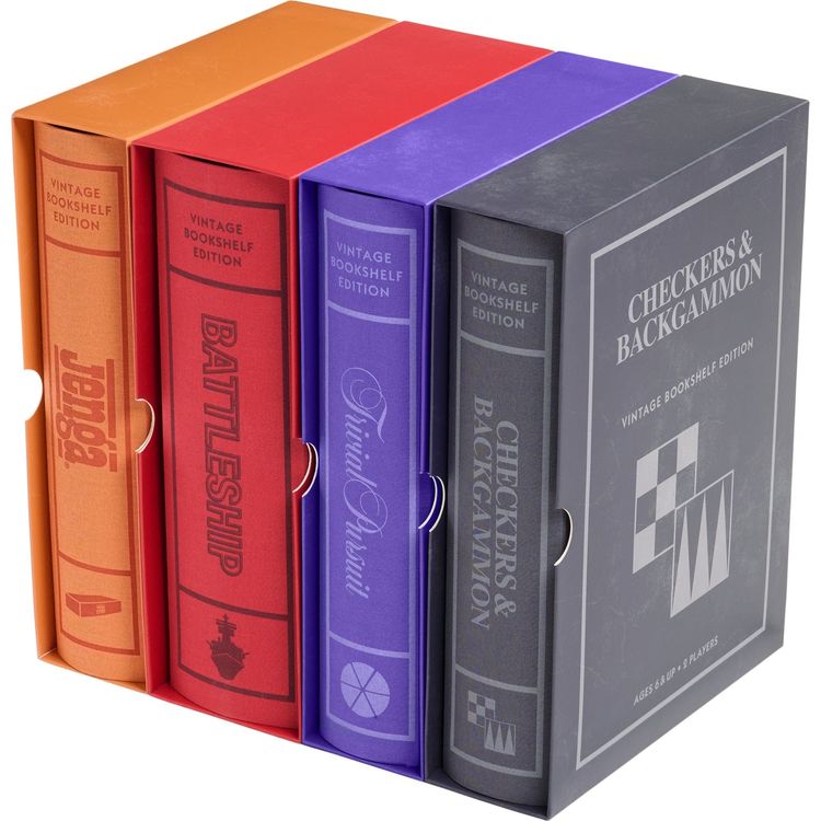 Vintage Bookshelf Assortment - 4 Pack - Jenga, Battleship, Checkers & Backgammon, Trivial Pursuit